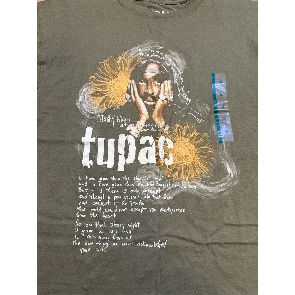 2Pac Official Store Sunflowers Green Short Sleeve T-Shirt Size Medium - Picture 3 of 4